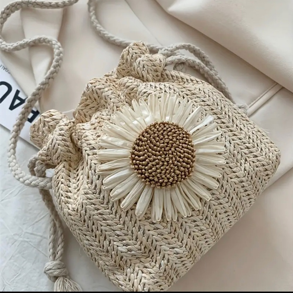 Boho Stylish And Convenient Woven Shoulder Bag With Flower Decoration Khaki - Picture 4 of 10